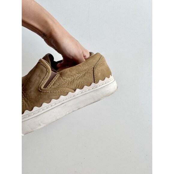 CHLOE Lauren Olive Green Nubuck Leather Scalloped Slip On Sneakers, Size 35 - Picture 9 of 16